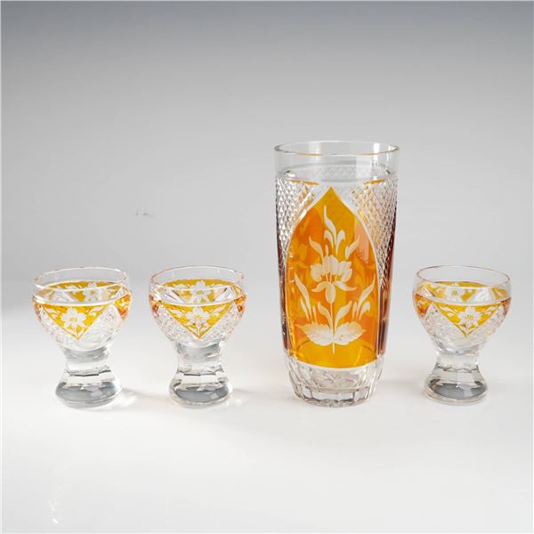 Bohemian Amber Cut-to-Clear Crystal 4-Piece Beverage Set with Etched Floral Design