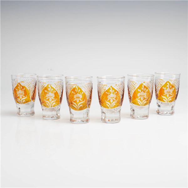 Bohemian Czech 6pc Cut-to-Clear Amber Etched Crystal Shot Glasses