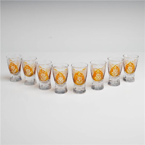 Bohemian Czech Cut-to-Clear Amber Etched Crystal Shot Glasses, Set of 8