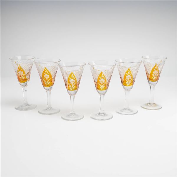 Bohemian Czech Cut-to-Clear Amber Etched Floral Crystal Cordial Glasses, Set of 6