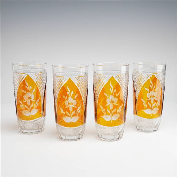 Bohemian Egermann Style Cut-to-Clear Amber Etched Floral Crystal Highball Glasses, Set of 4