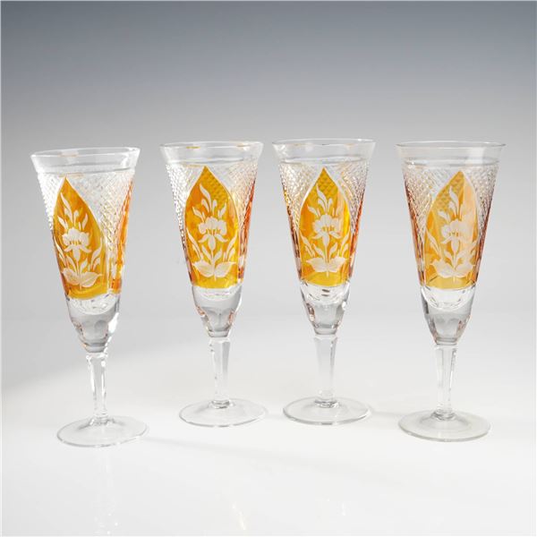 4pc Bohemian Cut-to-Clear Amber Crystal Champagne Flutes