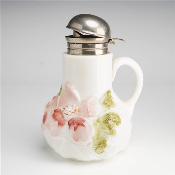 Victorian Hand-Painted Wild Rose Lattice Milk Glass Syrup Pitcher with Hinged Metal Lid