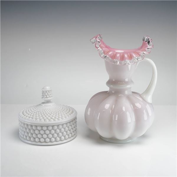 Fenton Silver Crest and Hobnail Pink and White Pitcher and Trinket Box