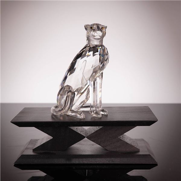 Swarovski Crystal Cheetah Figurine 183225 with Associated Black Stand