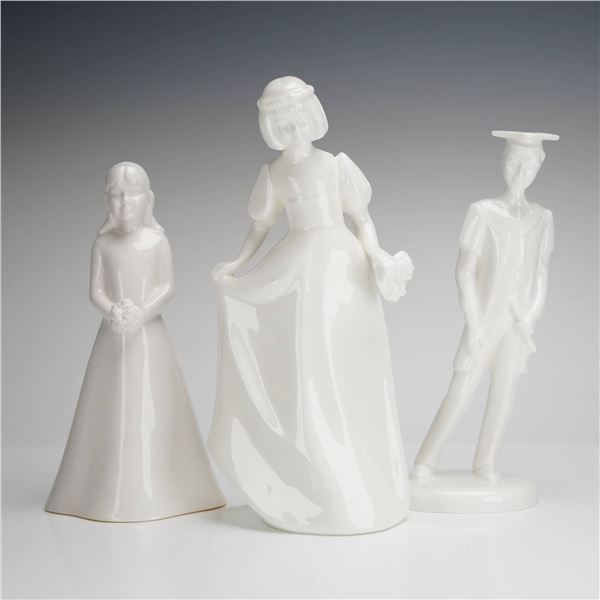 Three Coalport and Royal Doulton Bone China Figurines, Bridesmaid, Bridesmaid, and Graduate Male