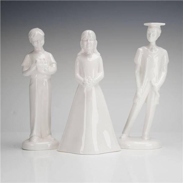 3pc Coalport and Royal Doulton Bone China Figurines, Bridesmaid, Graduate Male, and Surprise