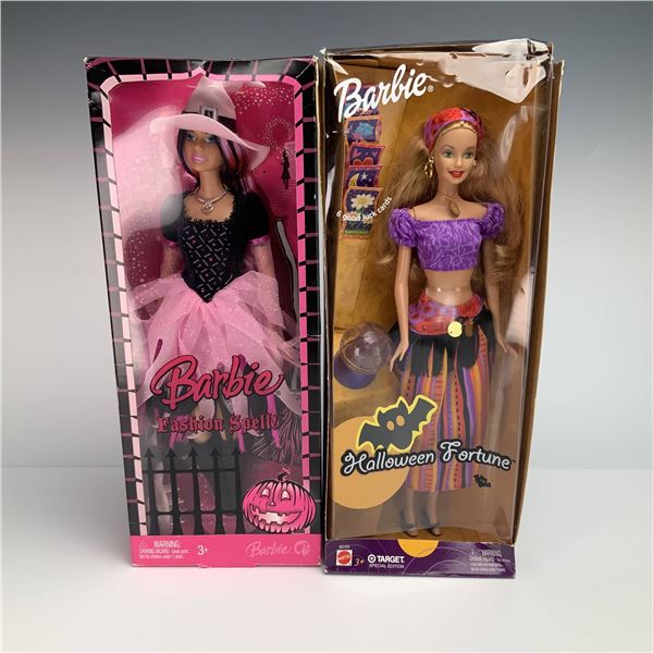 Two Mattel Halloween Theme Barbie Dolls including Fashion Spell and Halloween Fortune Target Special