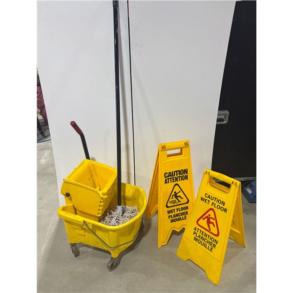 MOP, BUCKET AND CAUTION SIGNS