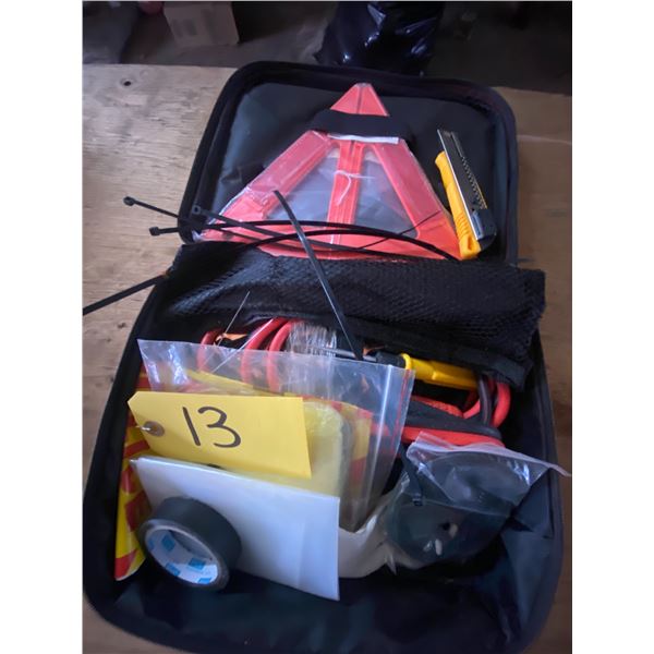 Roadside safety kit w/ flares, booster cables etc.