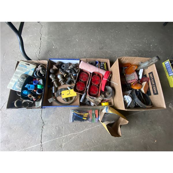 4 boxes of misc. flares Inc., trailer lights, balls, plug ins etc.