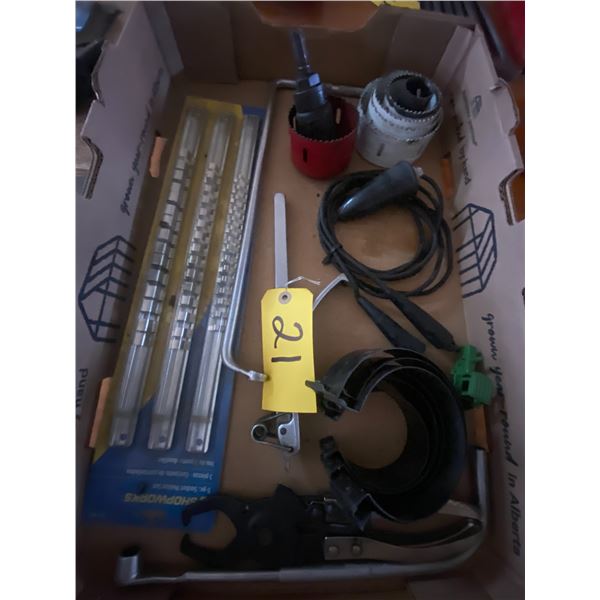 Box including fan blade tools, compressor rings, remote starter , metal cutters and rear distributor