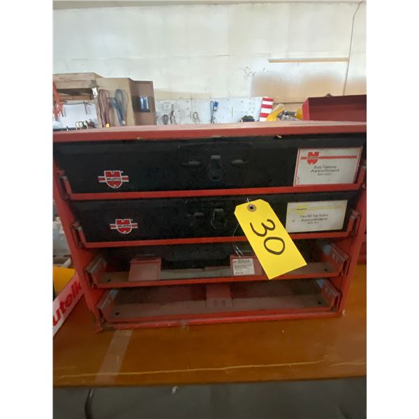 Red tool box. C/w body fasteners, screws. One drawer missing.