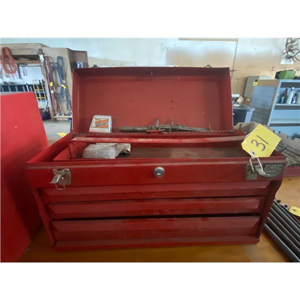 Red 3 door toolbox with tool tray, measuring tape, wrenches, small tools etc.