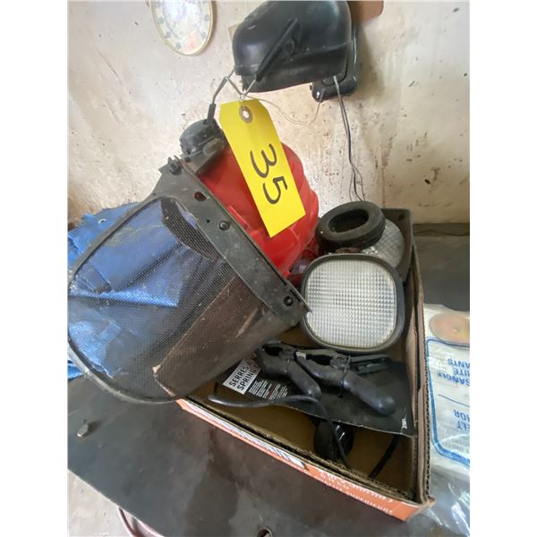 Approx 3 blue tarps, safety helmet, tail lights, misc.