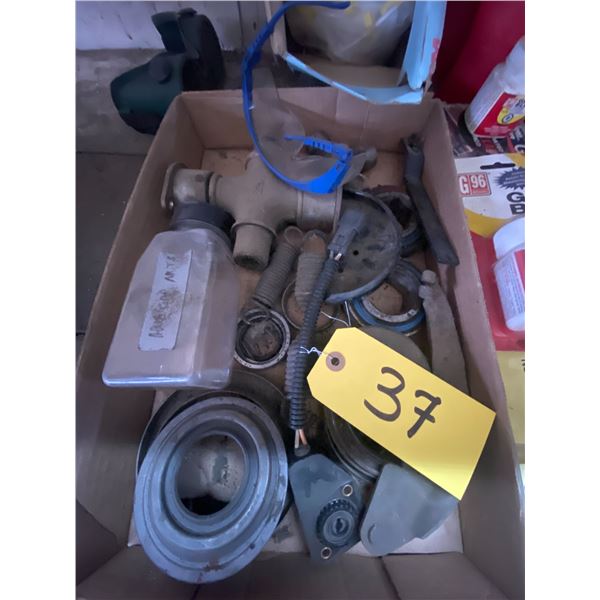 Assortment of wire, universal joints, masks, Kleenex, sticky notes, gun cleaning kit etc.