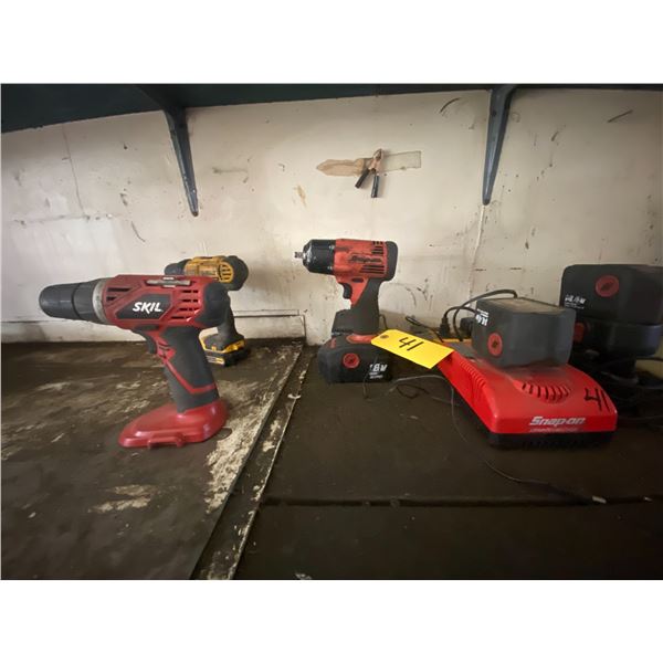Snap on, Dewalt, Skil battery operated drills. C/w chargers, and approx. 6 batteries. All work well.