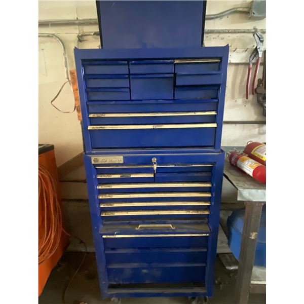 Ultrapro Blue rolling tool box. Approx 23 drawers, c/w assort. Of tools and key.