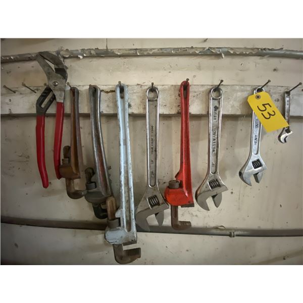 Approx 4 crescent wrenches, 4 pipe wrenches, and pipe pliers.