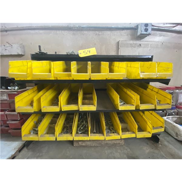 Yellow bins of washers, nuts, bolts, etc.