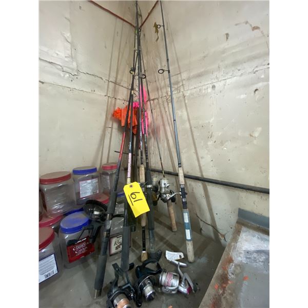 Approx 7 fishing rods, and 3 reels. Good condition.