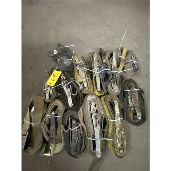 Large quantity of tie down straps. Approx 14, various sizes.