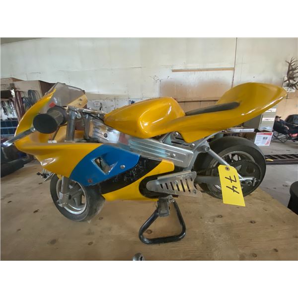 Pocket bike. Gas/oil mixed fuel, works well. Comes w/ manual, fuel tank, parts etc.