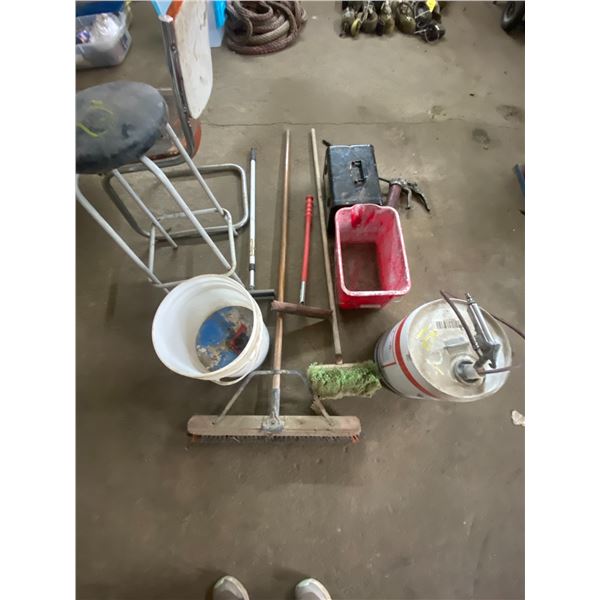 Antique chest, grease gun, squeegees, mop pail, chair, stool, broom etc.