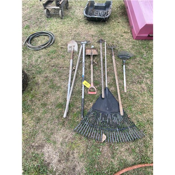Misc. yard tools. Rakes, hoe, shovels etc.