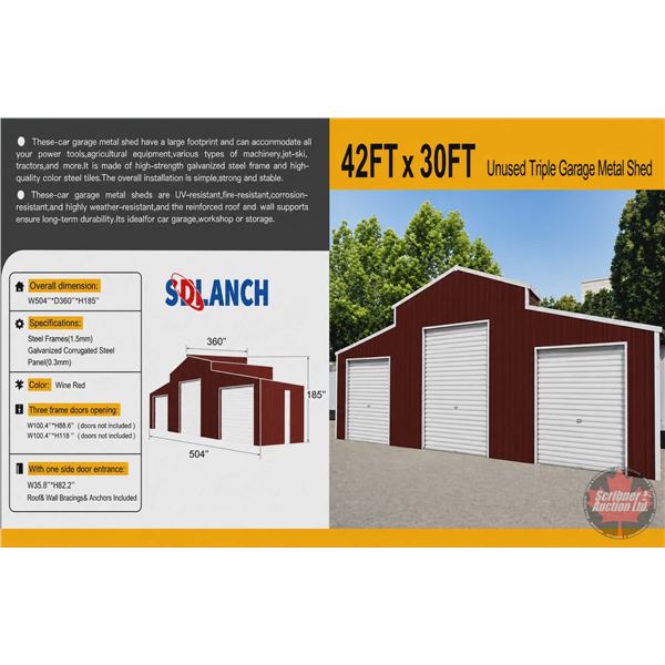 SDLANCH Triple Garage Metal Shed : 42ft x 30ft (New/Unused in Crate) (Doors Not Included)