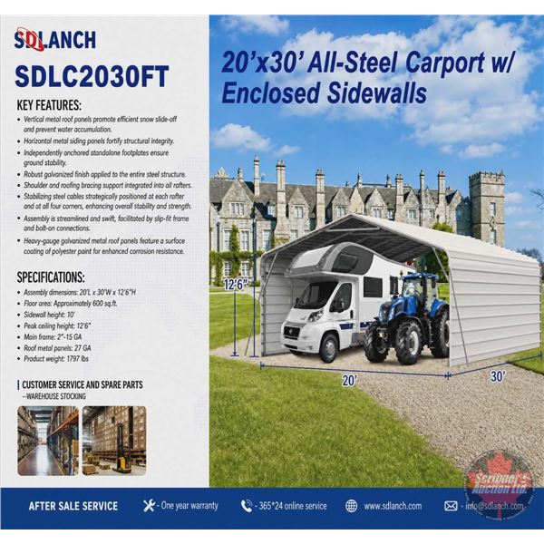 SDLANCH 20ft x 30ft All-Steel Carport with Enclosed Sidewalls