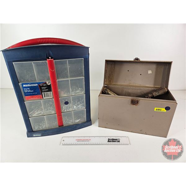 Mastercraft Drop Bin Organizer w/Contents & Metal Tool Box w/Vintage Hand Tools