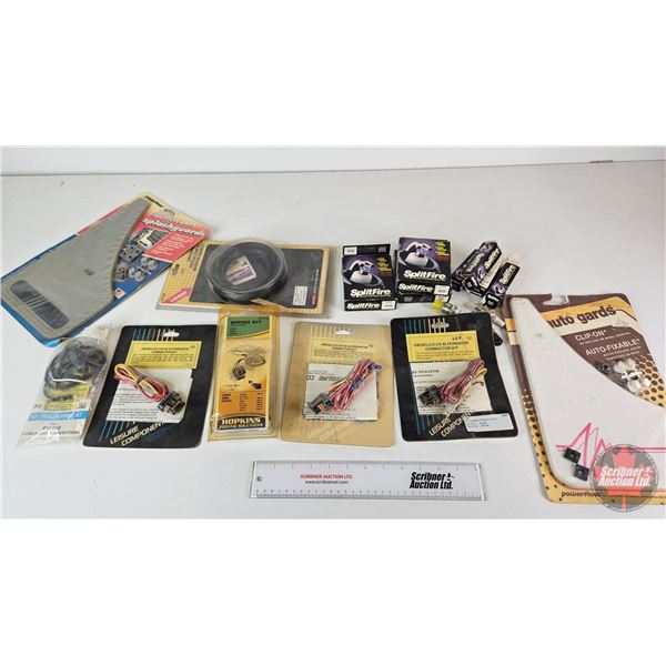 Automotive Parts Combo including Spark Plugs, Clip On Auto Guards, LCP Kit Connectors, etc