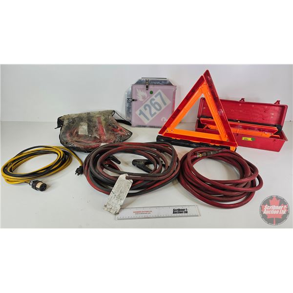 Road Side Safety Combo : Road Flares, Truck Mount Sign Holder, Booster Cables, Air Hose & Power Cabl