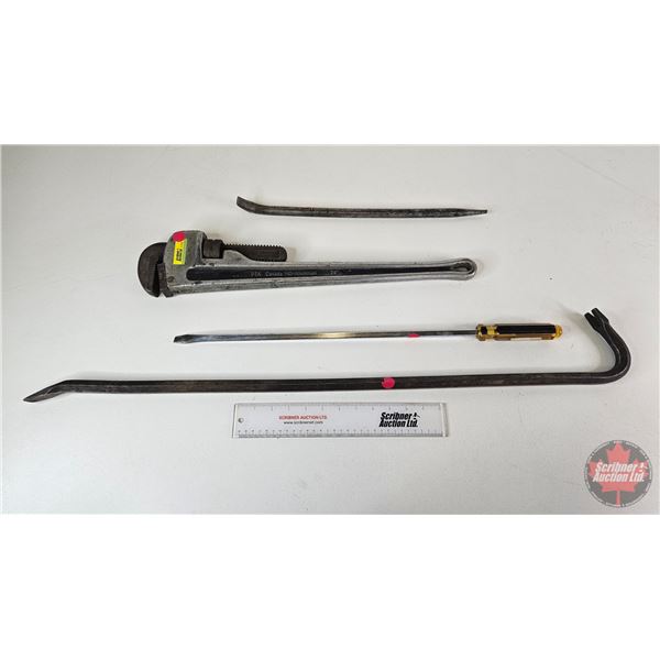 PTA 24" Aluminum Pipe Wrench, Crow Bars (2) & Powerfist 24" Screwdriver