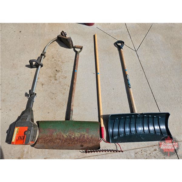 Long Handled Tools (4) : Shovels (2), Rake & Husqvarna 26 LC Weed Trimmer
