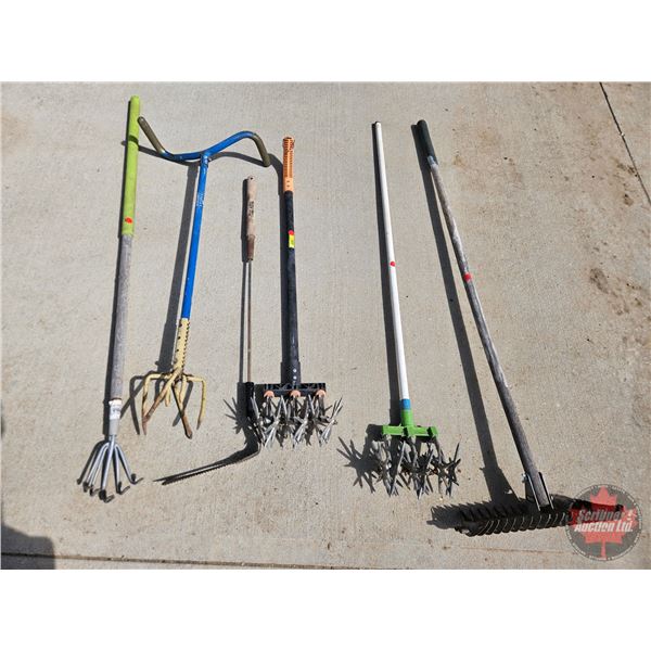 Long Handled Gardening Tools (6) : Thatch Rake, Rotary Cultivators (2), Garden Claw, 5 Tine Cultivat