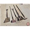 Image 1 : Long Handled Tools (5) : Shovels (2), Pitch Fork, Scraper & Hoe