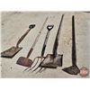 Image 5 : Long Handled Tools (5) : Shovels (2), Pitch Fork, Scraper & Hoe