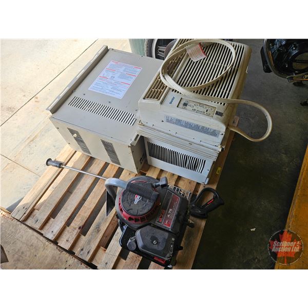 Pallet Lot : Mr Heater Big Maxx Overhead Shop Heater, Sprayer Parts (Engine & Nozzle) & Window Air C