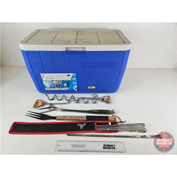 Coleman Chest Cooler (48 Quart) w/BBQ Utensils, Leash Tie Downs, etc