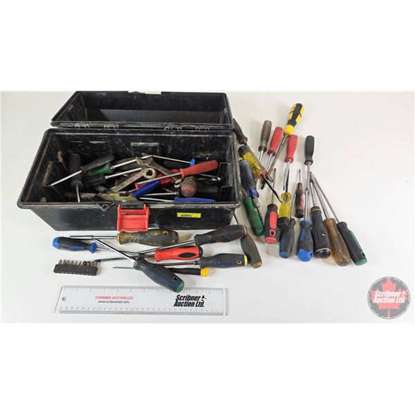 Plastic Carry Tool Box w/Contents including Variety of Screwdrivers, Drill Bits, Wrenches, etc