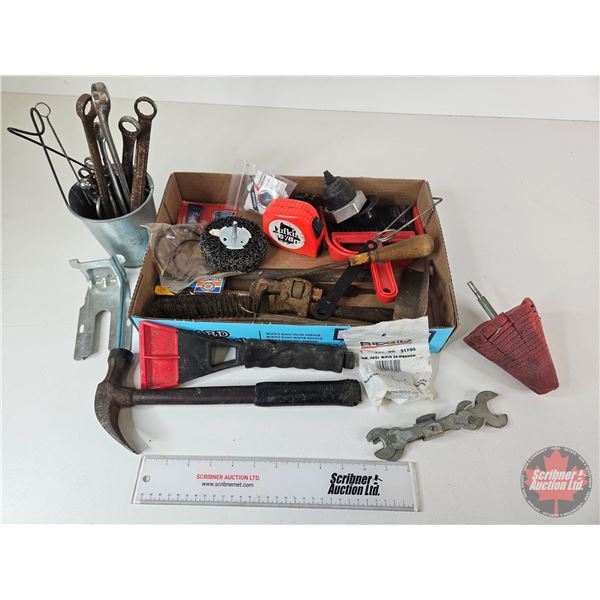 Assortment of Tools including Hammer, Wrenches, Brushes, Files, Tape Measure, etc