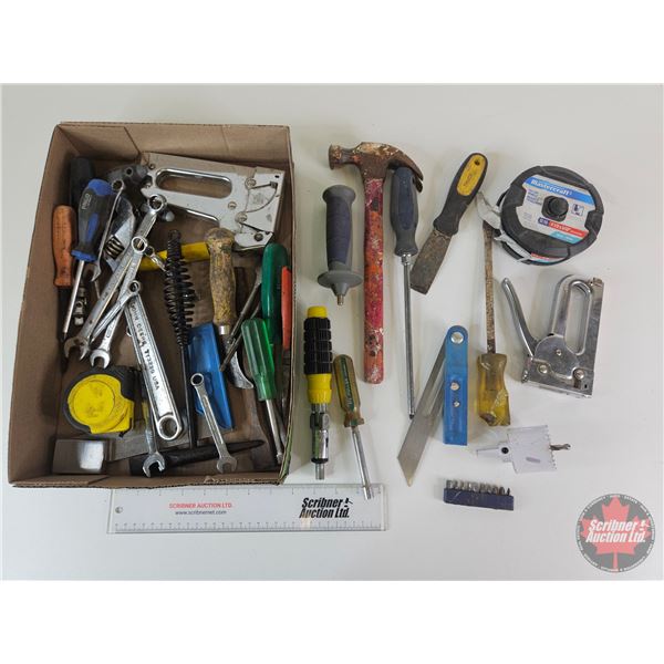 Assortment of Tools including Combination Wrenches, Staplers, Screwdrivers, Hammer, Tape Measure, Ba