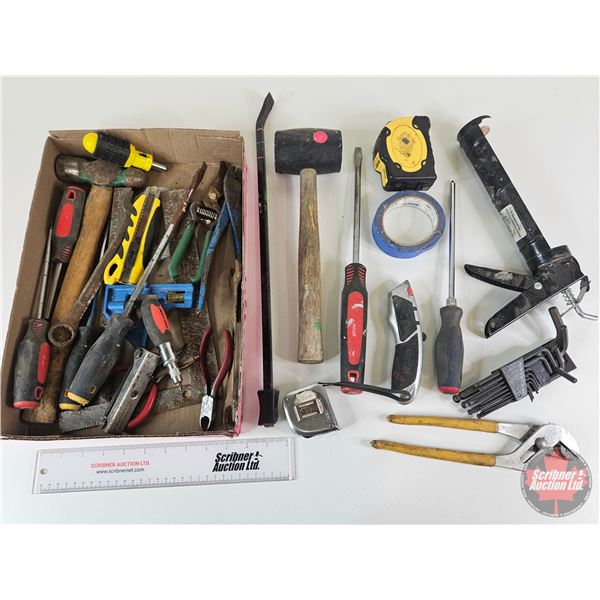Assortment of Tools including Mallet, Silicone Gun, Ball Peen Hammer, Screwdrivers, Tape Measure, et