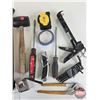 Image 2 : Assortment of Tools including Mallet, Silicone Gun, Ball Peen Hammer, Screwdrivers, Tape Measure, et