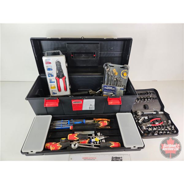 Plastic Tool Box w/Contents including Socket Set, Ratcheting Wrench Set, Crimper Set, Screwdrivers,