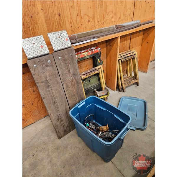 Variety of Metal Stands, Ramps, Saw Horses, Tank Float, Submersible Pump (12V), etc