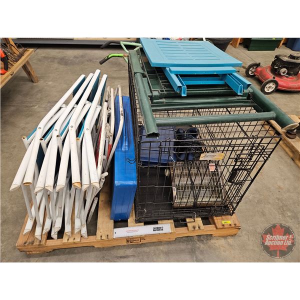 Pallet Lot / Grouping: Lawn Chairs; Kennel; Fold Up Portable Picnic Table; Cook Stove; Dirt Buster;