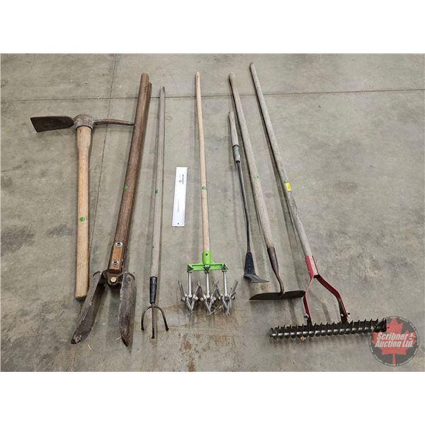 Long Handle Tool Grouping: Pick Axe; Post Hole Digger; Grass Whip; Hoe; Rake; etc